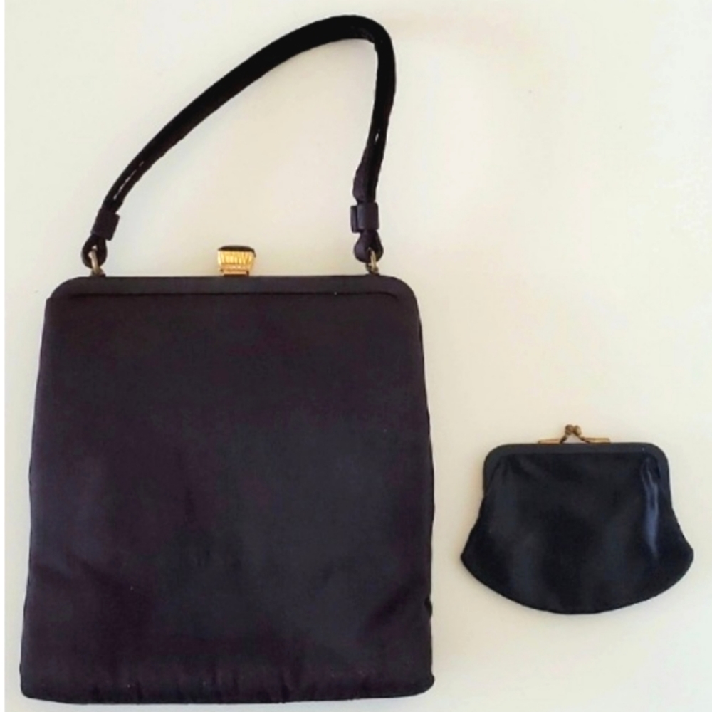 1950s LEWIS Black Silk Bag Clutch Purse Vintage Crown Jeweled Closure EUC